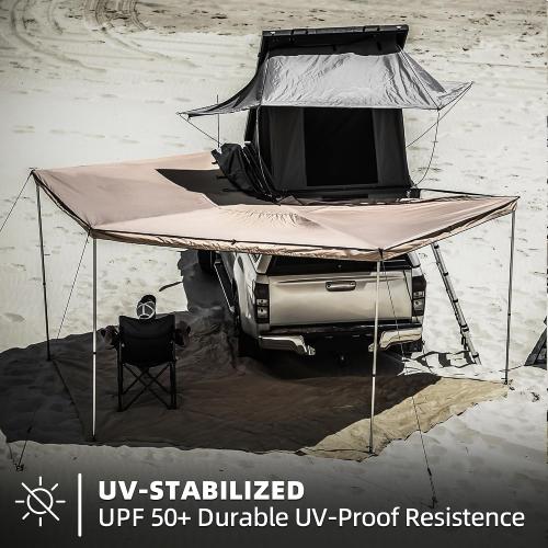 Vehicle Awning, 8.2ft x 270 Degree, Rooftop Pullout Ripstop UPF50  Side Awning, Reinforced Hinges & Poles for Jeep/SUV/Truck/Van