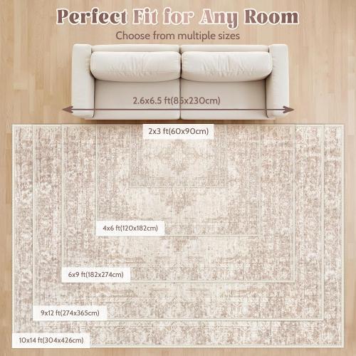 Area Rugs 9x12 Living Room: Large Vintage Living Room Rug with Non-Slip Backing Low Pile Rugs Soft Indoor Floor Thin Carpet Neutral Carpets for Bedroom Dining Room Farmhouse Nursery Brown/Cream