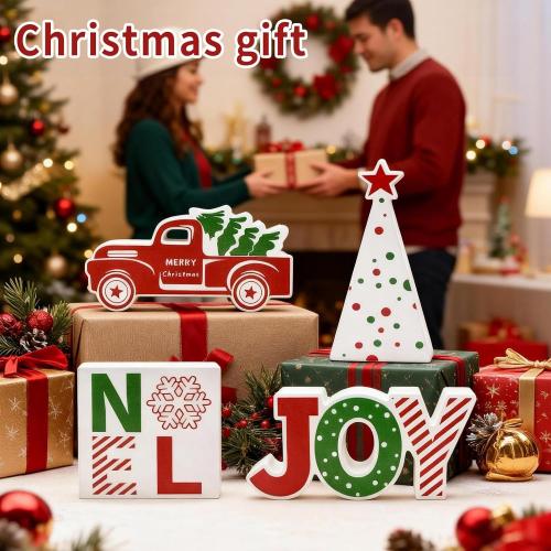 4 Pcs Christmas Table Decorations Indoor Wooden Red Truck Winter Tiered Tray Decor Rustic Merry Christmas Tree NOEL JOY Centerpiece Gift Farmhouse for Home Kitchen Shelf