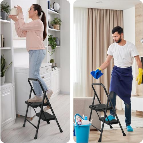 Step Ladder, Portable Steel Folding Step Stool with Wide Anti-Slip Pedal & Convenient Handgrip, Sturdy Steel Ladder, 2-Step, Black