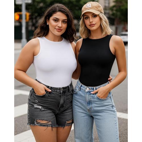 Medium MANGOPOP Tank Top Body Suits Women Sexy Crew Neck Racerback Halter Ribbed Sleeveless Bodysuit for Women