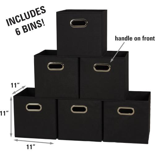 Household Essentials Foldable Fabric Storage Bins 6 Piece Set, Strong Poly-Woven Fabric, Sturdy Chipboard Sides, Grommet Front Handle, Stackable, Classic Design, Black