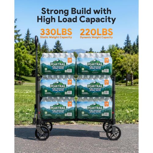 Collapsible Wagon with Wheels,120L Wagon Cart for Camping Groceries Beach | 220lbs Capacity Wagon Carts Foldablet,Smallest Folding Size,Lightweight Portable,Adjustable Handle,Transport long items