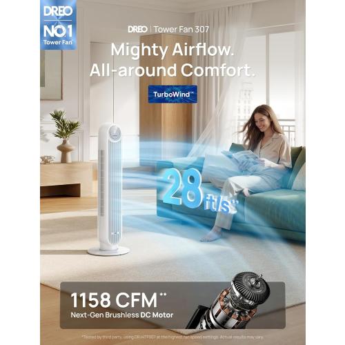 DREO Tower Fan for Bedroom, 2026 Upgraded DC Motor, 28ft/s High Velocity, 20dB Ultra Quiet Standing Fan, 8 Speeds 4 Modes, 90° Oscillating Bladeless Fan for Indoors, Floor Fans with Remote, White