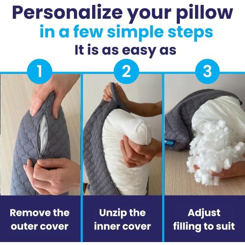 Sidney Sleep Set of 2 Queen Size Bed Pillows for Side and Back Sleepers - Adjustable Filling - Memory Foam Pillows for Neck and Shoulder Pain - Customizable Loft - Extra Foam Included (Grey)