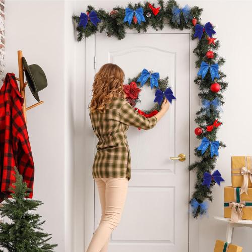 36 Pcs Christmas Bows with Twist Ties 6 Inch Velvet Mesh Ribbon Wreath Glitter Bows for Holidays Wreath Christmas Tree Railings Farmhouse Decoration DIY Craft Gift(Blue)