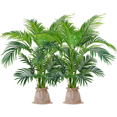 Worth Garden 4ft Artificial Areca Palm Plant 2 Packs in Pot, Fake Cane Palm Silk Tree Indoor Outdoor, Dypsis Lutescens, 47in Lifelike Faux Silk Plant Home Decor, Two Linen Bags Included