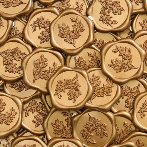 UNIQOOO Wax Seal Stickers - Eucalyptus Wedding Invitation Envelope Seal Stickers, 50 Pcs Self- Adhesive Antique Gold Stickers, Perfect for Invitation, Christmas, Gift Wrapping, Party