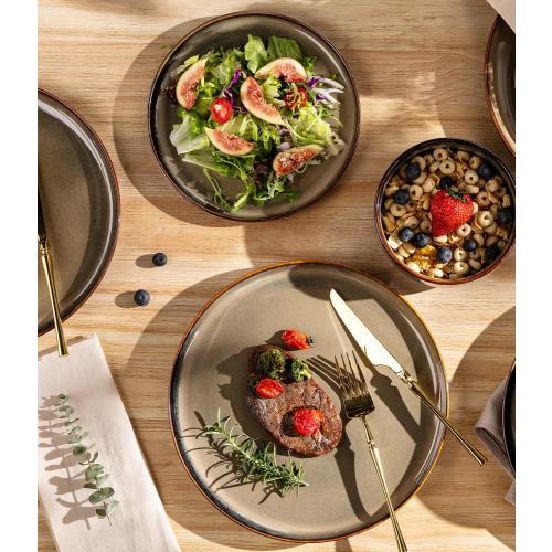 Set of 18 Color Brown TheTerra Ceramic Dinnerware Sets for 6, 18 Pieces Handmade Reactive Glaze Plates and Bowls Set, Scratch Resistant Dish Set, Oven & Microwave & Dishwasher Safe, Coca Mocha