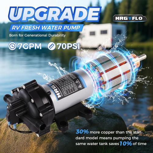 [Upgraded Version] 12V DC RV Fresh Water Pump, 7GPM 70PSI, Five Chamber Self-Priming Diaphragm Pump with Heavy Duty Pressure Switch & Strainer (12V-7GPM-70PSI)