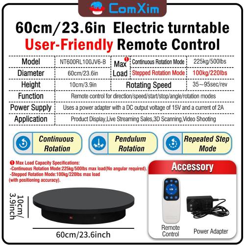 23.6In Remote Large Motorized electric turntable Rotating platform Photography Turntable Motorized lazy susan Base giratoria para for Photography,3D Scanner,Heavy duty display(Load Range:220~500lbs)