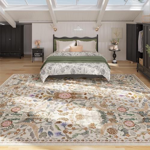 AMTOVO 8x10 Washable Area Rugs for Living Room, Non-Slip&Non-Shedding Large Soft Boho Floral Vintage Accent Print Carpet for Bedroom Dorm Dining Room Farmhouse Nursery Playroom Home Office, Beige
