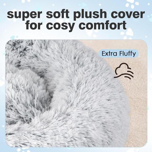 Calming Dog Bed for Medium Size Dogs, 31in Donut Washable Dog Bed with Removable Cover & Foam Filling, Anti-Slip Round Cat Bed Indoor Anti-Anxiety Fluffy Plush Fur Bed, Fits up to 60lbs Pets, Grey