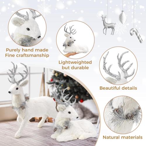 naturevibe 18 Inches Sisal Christmas Reindeer Set of 2,Realistic Woodland Animals Reindeer Figurine with Silver Accent for White Christmas Decorations,Centerpiece Table Decorations or Fireplace Decor