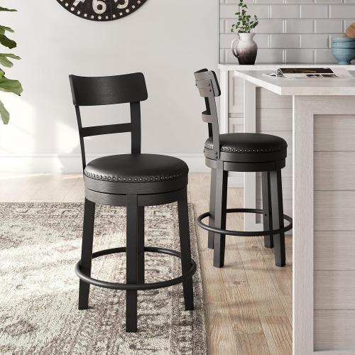 Signature Design by Ashley Valebeck Faux Leather Upholstered Swivel Barstool, Nailhead Trim, Solid Wood, 16.75 W x 19.75 D x 37.25 H, Antique Black