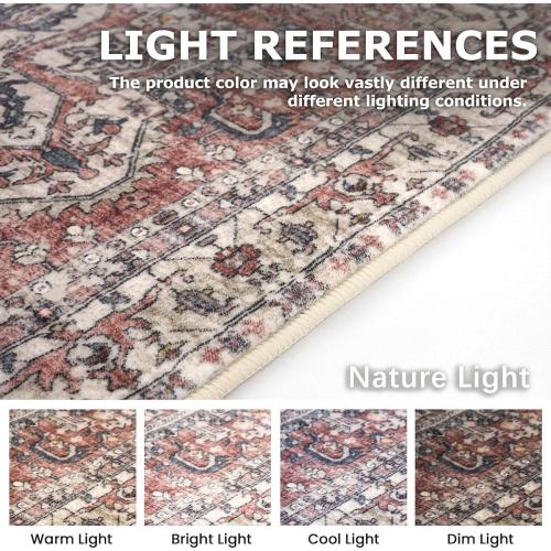 KOZYFLY Area Rug 9x12 Ft Thin Rugs for Living Room Washable Bedroom Rug Non Slip Rugs for Living Room Printed Faux Wool Vintage Bedroom Rug Floor Carpet for Dining Room, Red Salmon/Pink/Navy
