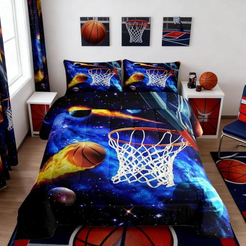 Castle Fairy Basketball Comforter Set Twin Size,Basketball Hoop Duvet Insert for Kid Teen Boys Girls Room Decor,Galaxy Planet Quilted Duvet,Outer Space Quilt Cover with 1 Pillowcase