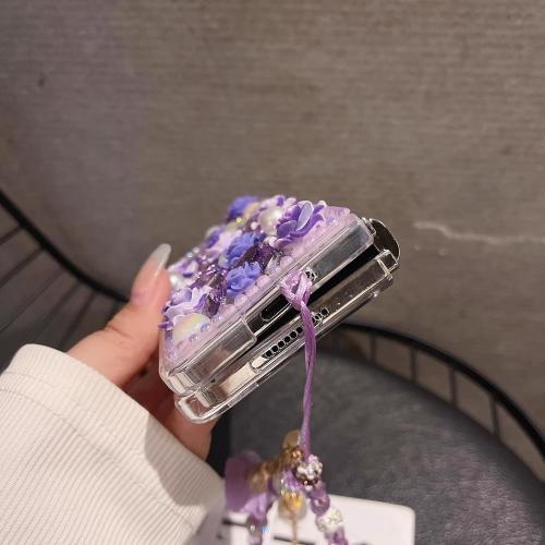 for Samsung Galaxy Z Fold 6 Case,Cute Bling Glitter Sparkle Stunning Stones Diamond Rhinestone 3D Handmade Pearl Rose Flower with Wrist Lanyard Women Girly for Galaxy Z Fold 6 (Purple)