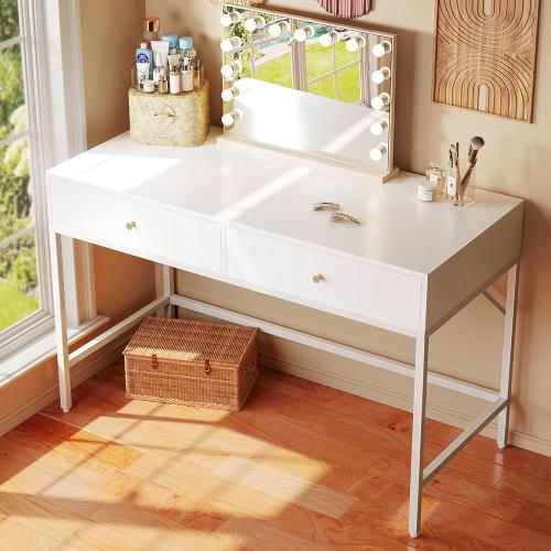 SUPERJARE Vanity Desk with Drawers, 47 inch Computer Desk, Modern Simple Home Office Desks, Makeup Dressing Table for Bedroom - White, 7997W