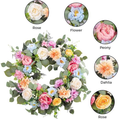 Spring Wreaths for Front Door,Summer Wreath with Peony Rose and Dahlia Flowers,24 Inch Floral Door Wreath for All Seasons Outside Outdoor Indoor Wall Wedding Holiday Home Decor