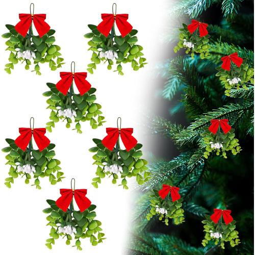 Christmas Mistletoe Ornaments Bouquet Artificial Mistletoe Branches Decor Floral Pick Hanging Decorative for Home Christmas Handmade Party Decorations (6 Pieces)