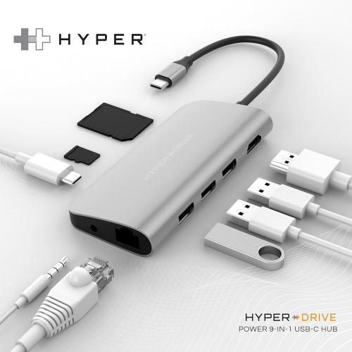 HyperDrive USB C Hub - 9-in-1 USB Hub for Laptop w/ 4K HDMI, Ethernet, 3.0 USB-A, USB C PD, MicroSD/SD, Audio Jack - Compatible with iPad, MacBook, Chromebook, Windows - Space Gray
