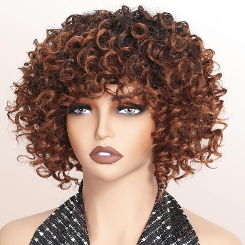 Ombre Brown Synthetic Curly Wigs For Black Women Short Curly afro Wig With Bangs Synthetic Hair Heat Resistant African American Wigs