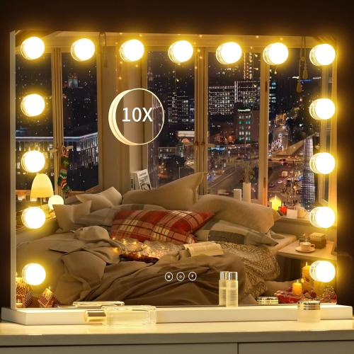 Size 24x18 Color White Vanity Mirror with Lights Lighted Makeup Mirror with 15 Dimmable LED Bulbs,3 Color Lighting Modes,USB Charging Port Touch Control,Sturdy Metal Frame Design 24x18 Inch,White