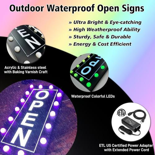 Outdoor Open Signs for Business, Large Waterproof Open Sign LED, Ultra Bright Outdoor Open Signs, Colorful LED Open Sign RGB Color Changing with Power Adapter
