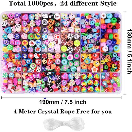 1000PCS Polymer Clay Beads Bracelet Making kit, 24 Style Cute Fun Beads Fruit Flower Animal Cake Butterfly Heart Beads Charms for Jewelry Necklace Earring Making DIY Accessories for Women Girls