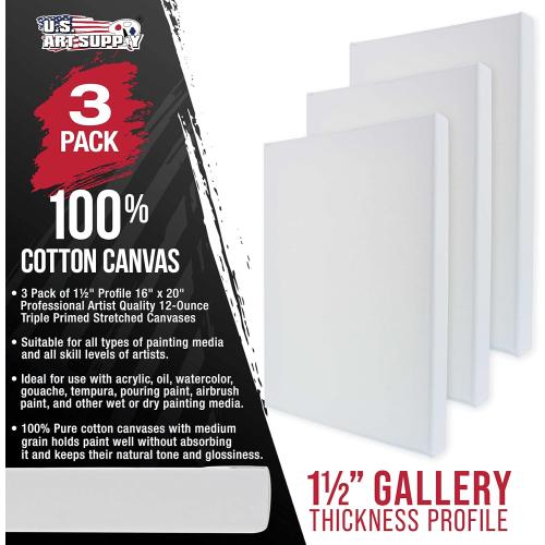 U.S. Art Supply Large Stretched Canvas for Painting 16x20 inch Gallery Depth 1-1/2 Thick, 3-Pack - 12oz Acrylic Gesso Triple Primed, Professional Artist Quality, 100% Cotton - Oil, Pouring Paint