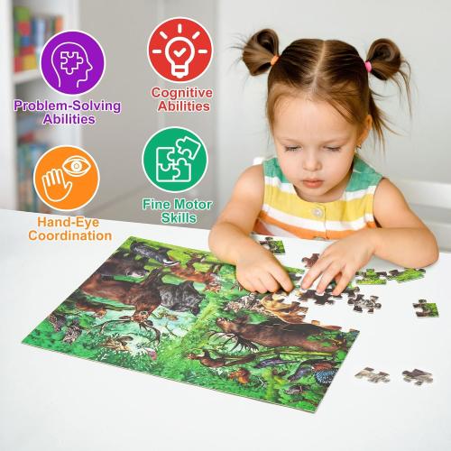 100 Pc BenBen Puzzles for Kids Ages 4-6, Double Sided 100 Piece Puzzles for Kids, 2 in 1 Puzzle, Wild Animals, Learning Educational Jigsaw Puzzles Toys for Boys Girls (15.75” x 11.75”)