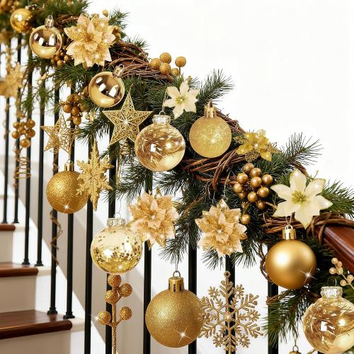 76PCS Christmas Tree Decorations Set, Gold Christmas Ornaments Poinsettia Flowers Artificial Christmas Balls Star Topper Berry Stems Snowflakes Mesh Ribbons for Xmas Tree Decor (13 Style)