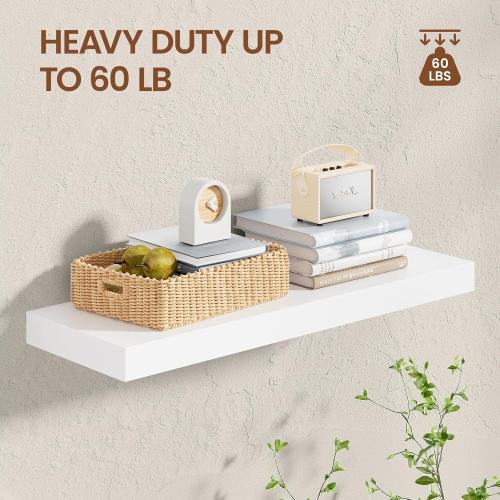 Heimlove Wooden Floating Shelves for Wall, White Pine Shelves Set of 2, 24 in Rustic Wood 8 Inch Deep Floating Shelf with Invisible Brackets for Bedroom Kitchen Living Room - Classic White