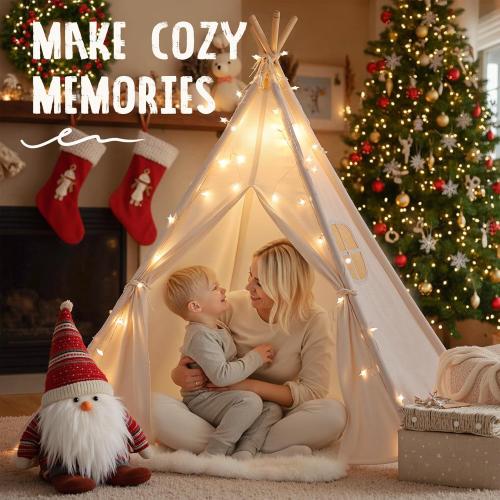 Sumbababy Teepee Tent for Kids Indoor - Toddler Play Tent Washable Tipi Sleepover Tents with Lights for Girls & Boys - Foldable Playhouse Gift Toys