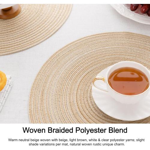 SHACOS Round Braided Placemats Set of 4 Washable Place Mats for Dining Tables 15 inch Non Slip Kitchen Table Mats (Beige, 4)
