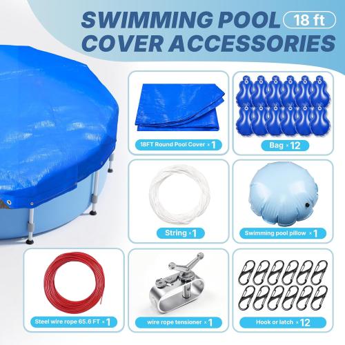Size 18' Round Pool Cover for Above Ground Pools - Winter Above Ground Pool Cover Kits with 3.6' Pool Pillow, 12 Pool Cover Weights, Wirerope & Rope Tensioner and Hooks, Pool Winter Cover Accessories
