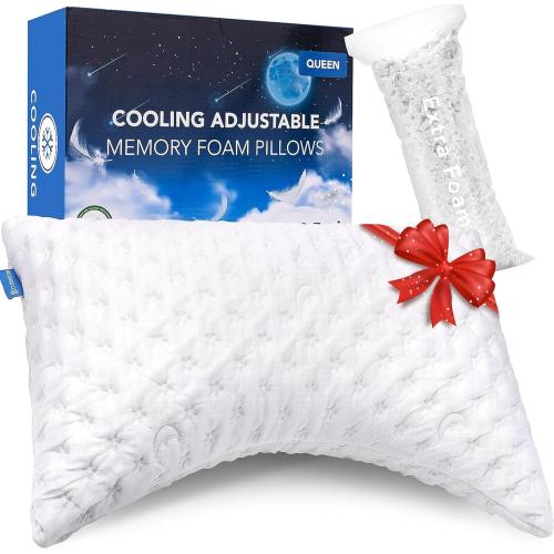 Cooling Side and Bamboo Side Sleeper Pillow for Neck and Shoulder Pain, Luxury Shredded Memory Foam Curved Bed Pillows for Sleeping Set of 1- Adjustable Queen Size- Washable Cover Crescent White