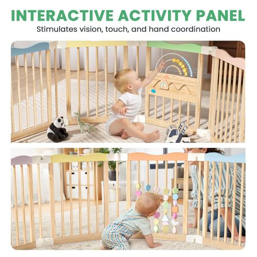 Foldable Wooden Baby Playpen, 45 x 45 x 24 inches, Pastel Dream, Colorful | Adjustable Wood Play Yard, Indoor Large Safety Fence for Babies and Toddlers, Built-in Toys Design