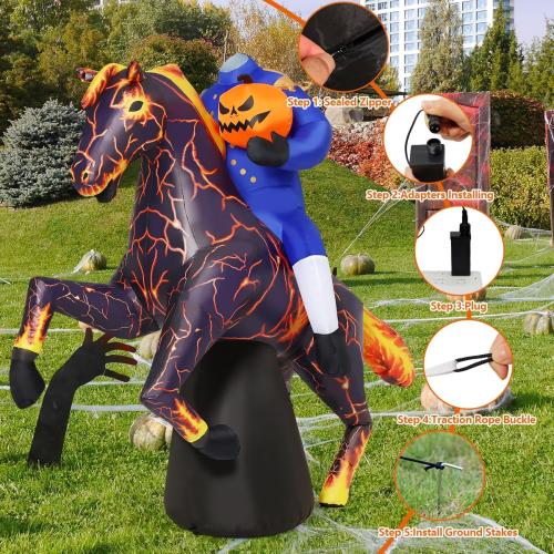 COMIN 6FT Long Halloween Inflatables Headless Horseman Outdoor Decorations Blow Up Lightning Horse Yard with Built-in LEDs for Indoor Party Garden Lawn Decor