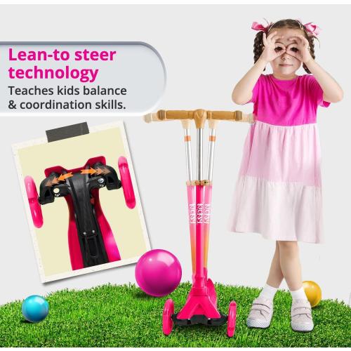 Kicksy - Kids Scooter - Toddler Scooter for Kids 2-5 Adjustable Height - 3 Wheel Scooter for Kids Ages 3-5 Boys & Girls - Kids Three Wheel Scooter with Light Up LED Wheels