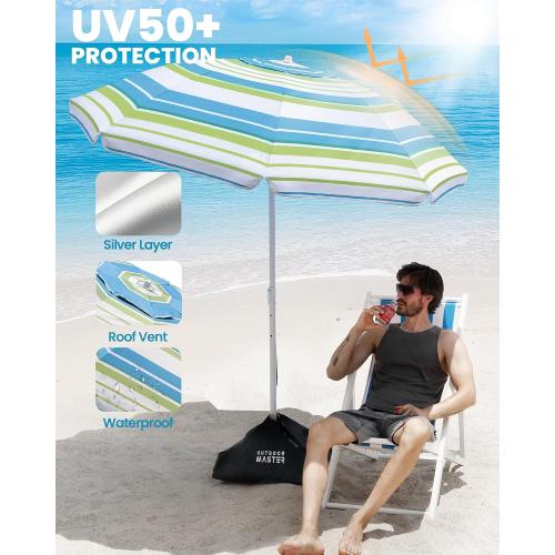 OutdoorMaster 7.2ft Beach Umbrellas for Sand with Sandbag & Anchor | 7.2ft Adjustable Umbrella for Beach, Wind Resistant, Portable UPF50  Sunshade with Carry Bag for Patio