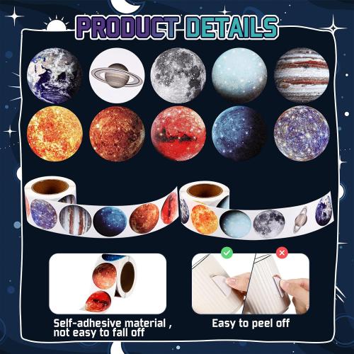 Lincia 500 Pcs Solar System Stickers Bulk Educational Planets Roll Space Stickers for Kids Science Classroom Space Theme Birthday Decorations Party Favors, 10 Styles