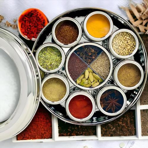 Silver 12 In 1 Stainless Steel Masala Box | Spice Box For Kitchen | Large Masala Dabba with See-Through Lid | Steel Masala Dani 2.5L Spice Organizer with 12 Compartment | 22.5cm
