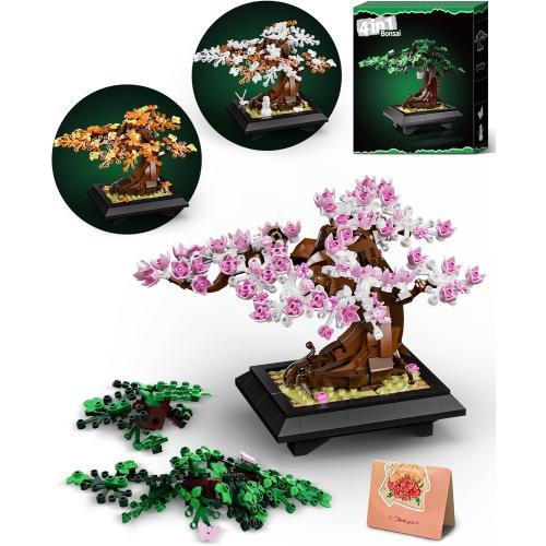 4 in 1 Bonsai Tree Building Sets, Four Season Cherry Bonsai Tree Building Kit, Artificial Plant Decor for Home, Desk Greenery, Mother's Day Present, Xmas Gifts for Adults Girls&Boys (529pcs)