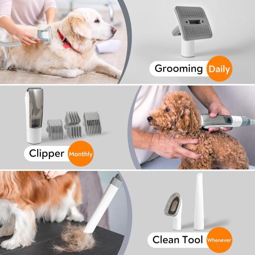 Pet Grooming Vacuum for Dogs & Cats, 12kPa Strong Suction, ≤50dB Quiet, 2L Dust Cup, 5-in-1 Grooming Kit with Ceramic Clippers, 6 Guide Combs, Vacuum for Shedding & Long-Haired Breeds