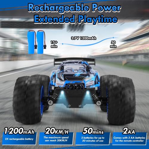 Remote Control Car, 1:18 Rc Cars, All-Terrain RC Truck with LED Light, 20KM/H, Rechargeable, 2WD, 2.4GHz, Sturdy PVC Shell, Remote Control Truck for Boys 4-7 8-12, Beginner