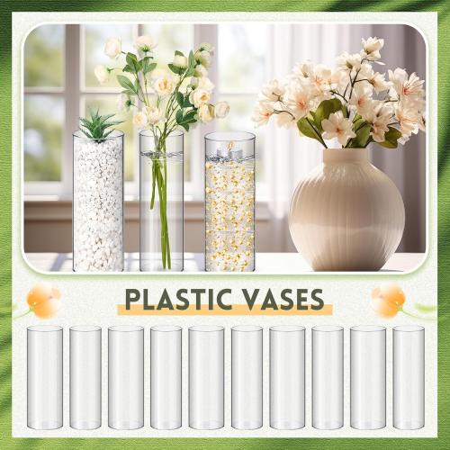 Nuogo 6 Pcs 10 Inch Plastic Clear Cylinder Vase for Home Acrylic Flower Clear Vase Centerpiece for Centerpieces Wedding Party Decorations Opening Round