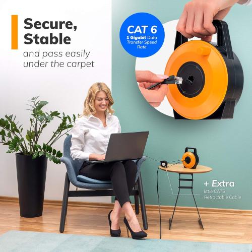 Retractable Network Cable Extender, 50 Feet CAT 6 Ethernet Cable Flat-Portable 1Gbps Data Speed-Swiftly Setup Temp Networks-Cascadable Male-Female RJ45 Connector-UTP Cable Reel