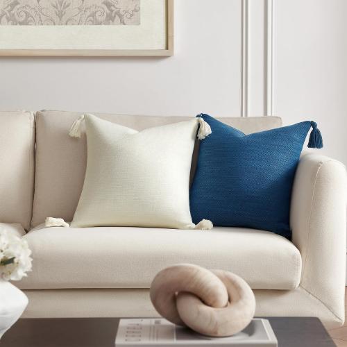 Meekio Set of 2 Deep Blue Pillow Covers 18x18 with Tassels, Linen Look Decorative Throw Cushion Covers for Sofa Couch, Farmhouse Boho Living Room Home Decor